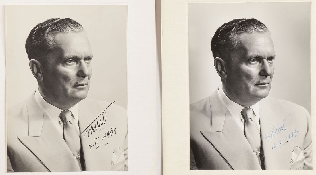 PAIR OF TITO SIGNED & DATED PHOTOGRAPHS: PAIR OF TITO SIGNED & DATED PHOTOGRAPHS. Comprising two 7" x 5" professional black and white studio photographs mounted on 9.5" x 7.25 card, each boldly signed one date 1960 the other 1964, With origi