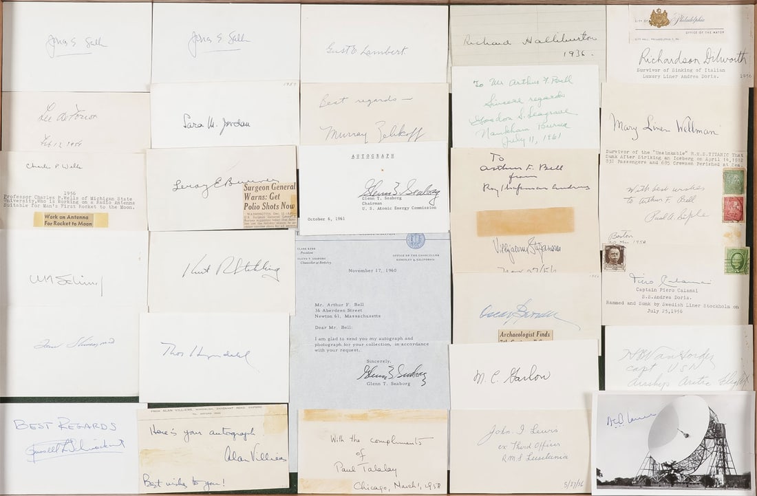SCIENCE, ADVENTURERS & SURVIVORS: SCIENCE, ADVENTURERS & SURVIVORS. Comprising a large and interesting group of over 45 original autographs, including Jonas Salk (two signed cards), Gordon Seagrave, Glenn Seaborg (4 signed cards), Pau