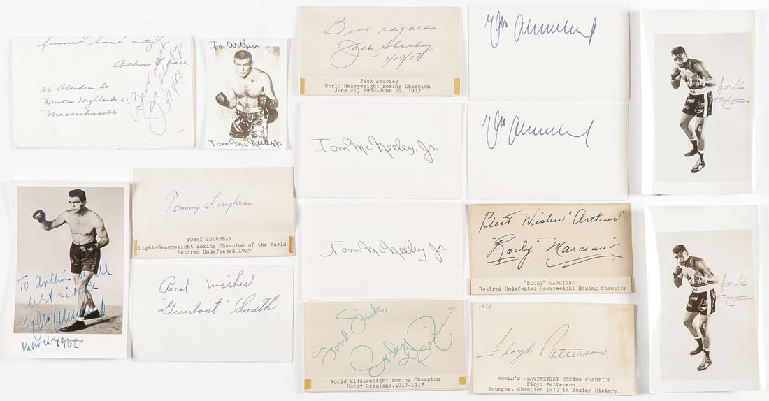 13 VINTAGE CHAMPION BOXING AUTOGRAPHS: 13 VINTAGE CHAMPION BOXING AUTOGRAPHS. Including bold Rocky Marciano (signed card), Floyd Patterson (signed card & photo), Max Schmelling (2 signed cards and signed photo), Rocky Graziano (signed card