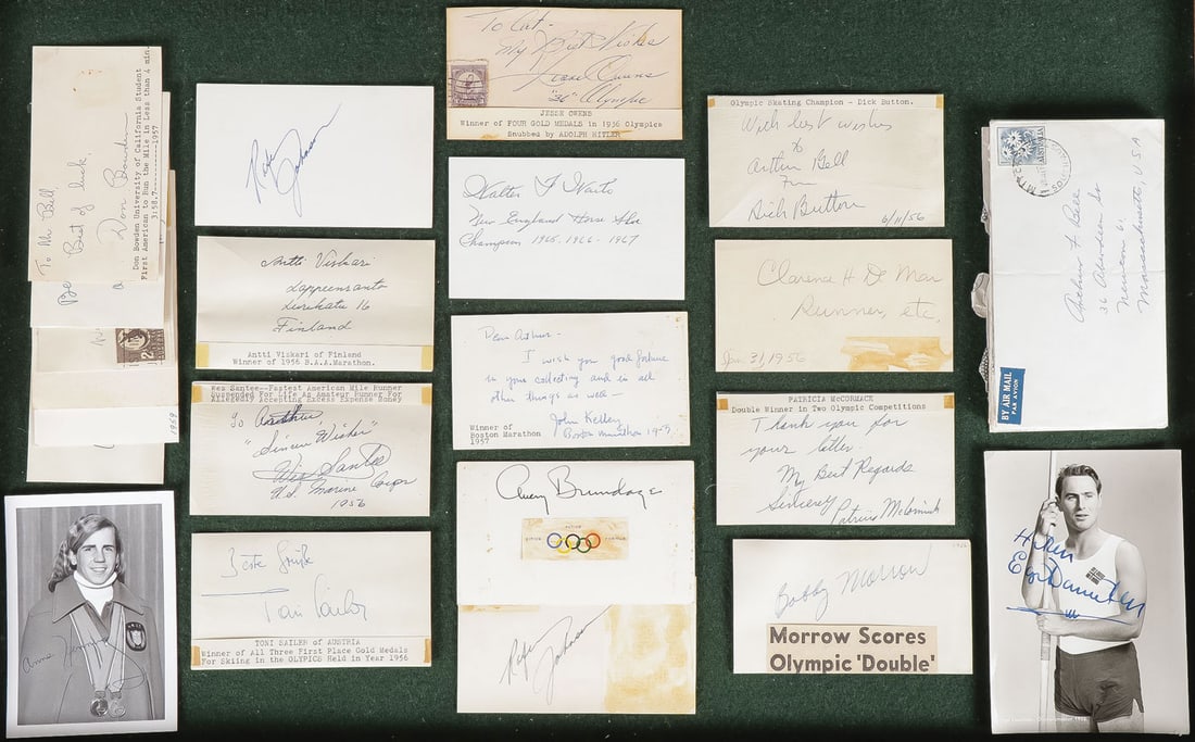 JESSE OWENS & OLYMPIC TRACK & FIELD AUTOGRAPHS: JESSE OWENS & OLYMPIC TRACK & FIELD AUTOGRAPHS. Comprising over 20 signed cards and photos including a good Jesse Ownes signed card, Olympics: Avery Brundage, Rafer Johnson (2), Toni Sailer, Dick Butt