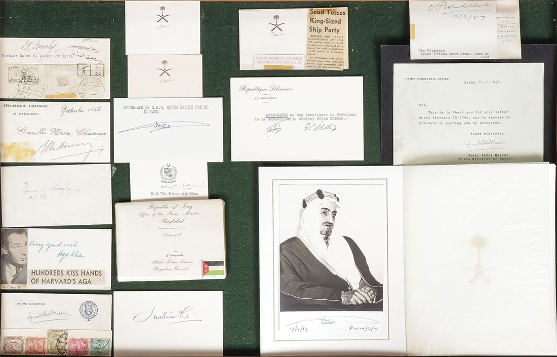GOOD MIDEASTERN LEADERS AUTOGRAPH GROUP: GOOD MIDEASTERN LEADERS AUTOGRAPH GROUP. Comprising over 20 signed cards, letters, and photographs including, Gamel Nassar (TLS & signed card), Saudi Arabia: Kings Khalid (SP), Saud (3 signed cards), 