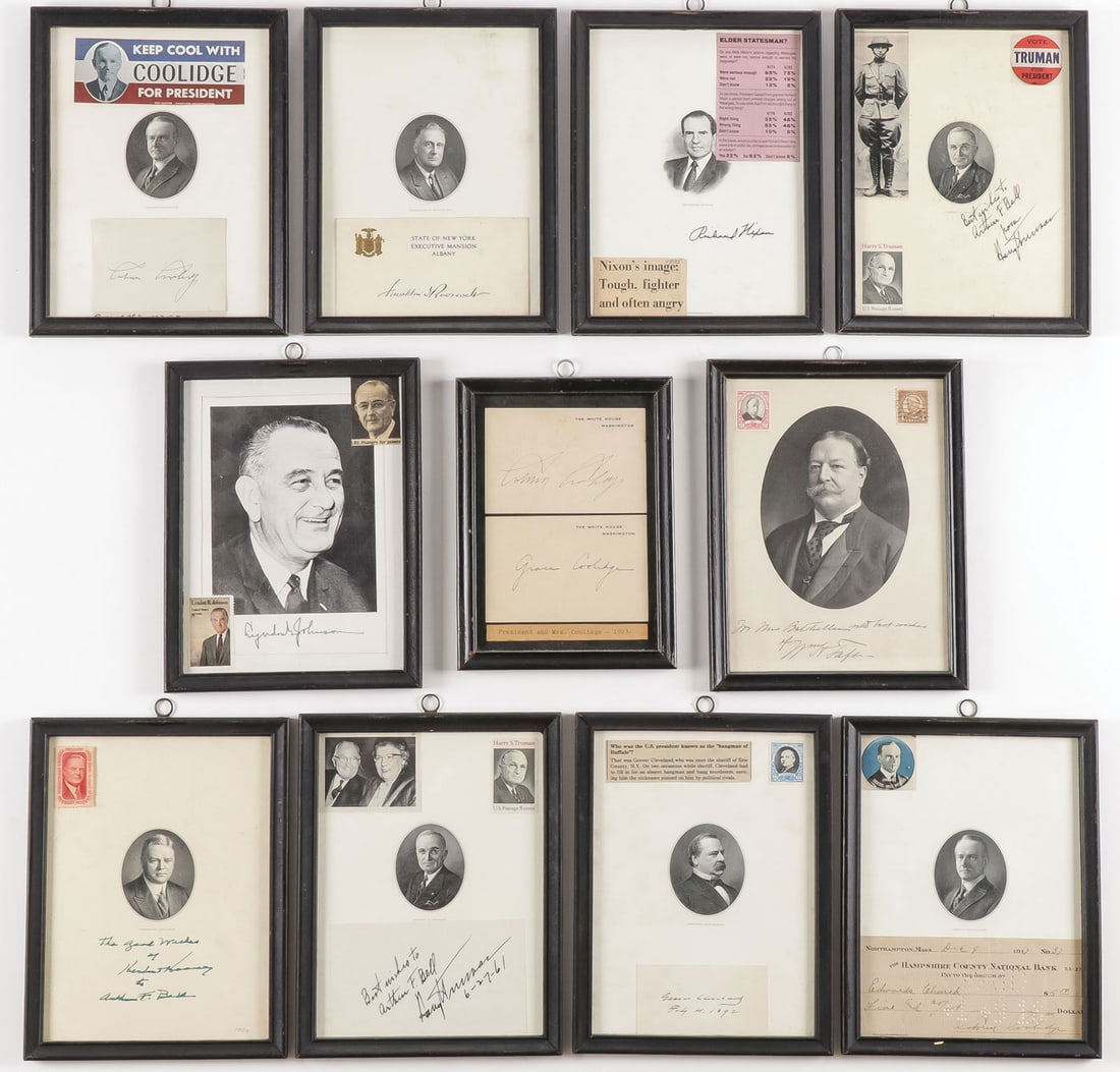 11 PRESIDENTIAL AUTOGRAPHS: 11 PRESIDENTIAL AUTOGRAPHS. Comprising 11 framed groups of U.S. Presidential autographs, from top to bottom left to right they include Calvin Coolidge, signed card, Franklin Roosevelt on New York Exec