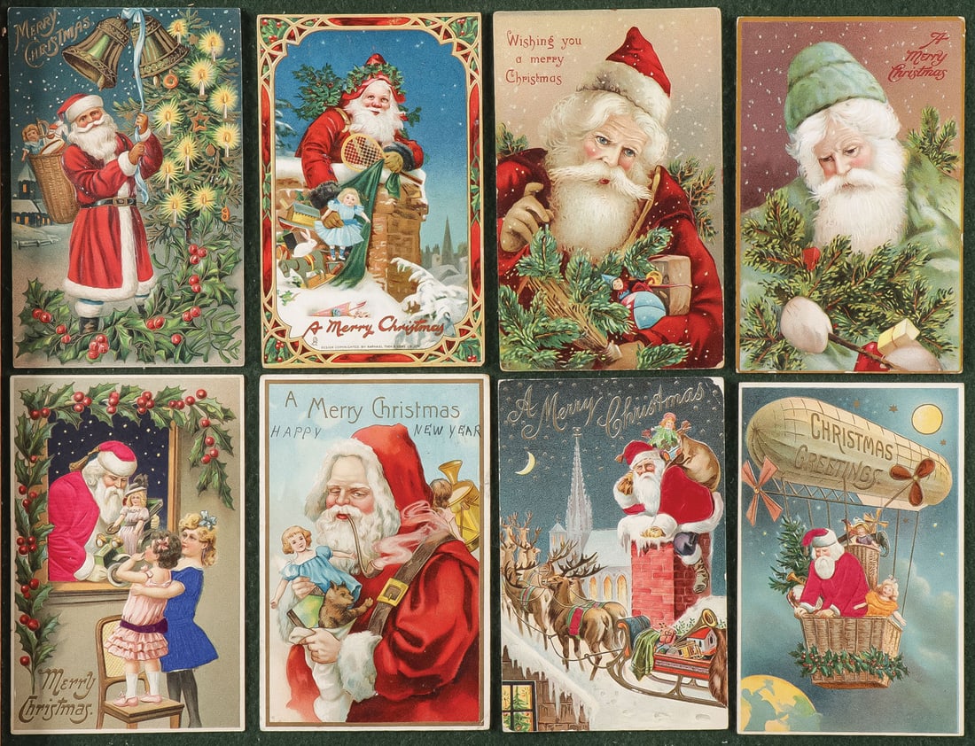 GREAT VINTAGE SANTA POSTCARDS: GREAT VINTAGE SANTA POSTCARDS. Comprising over 150 individual vintage Santa postcards, including numerous great examples, such as five velvet decorated examples, numerous Clapsaddles and Raphael Tuck