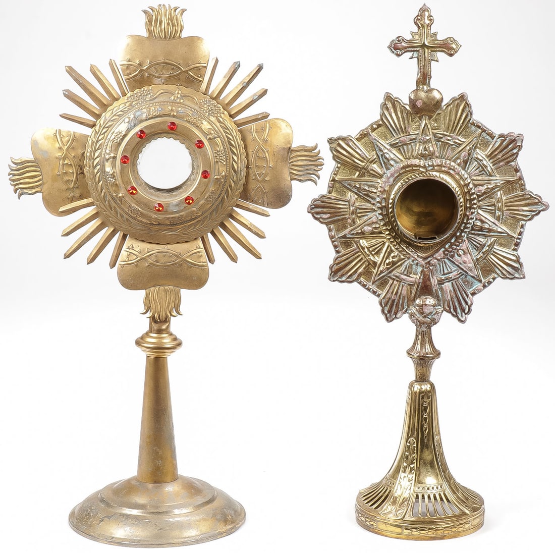 PAIR OF ARTS -N- CRAFTS MONSTRANCES C 1900-1915: PAIR OF ARTS -N- CRAFTS MONSTRANCES C 1900-1915. Greatest height 24.5 inches. SHIPPING NOTICE: Except for large, oversized items, Jackson's is your sole and only source for one stop packing and shippi