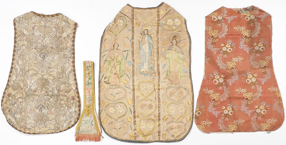 THREE 18TH CENTURY EMBROIDERED CHASUBLES: THREE 18TH CENTURY EMBROIDERED CHASUBLES. One with matching stole as shown. SHIPPING NOTICE: Except for large, oversized items, Jackson's is your sole and only source for one stop packing and shipping