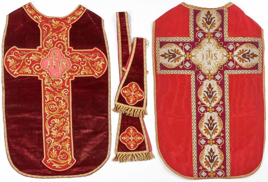FOUR EMBROIDERED CHASUBLES C 1870-1920: FOUR EMBROIDERED CHASUBLES C 1870-1920. Beautifully embroidered, one with matching stole and maniple. SHIPPING NOTICE: Except for large, oversized items, Jackson's is your sole and only source for one