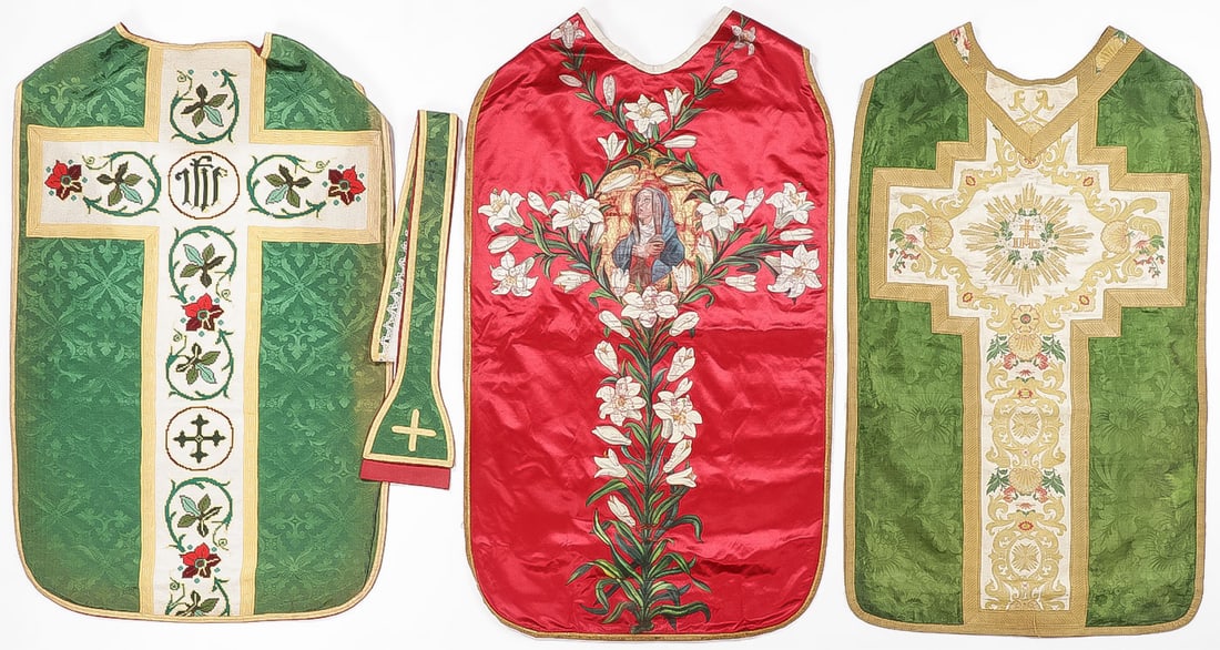 THREE EMBROIDERED SILK CHASUBLES C 1900: THREE EMBROIDERED SILK CHASUBLES C 1900. One with matching stole as shown. SHIPPING NOTICE: Except for large, oversized items, Jackson's is your sole and only source for one stop packing and shipping.