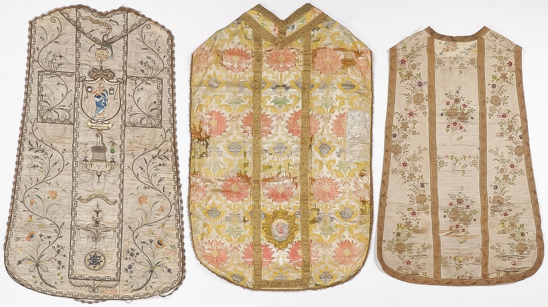 THREE 18TH C EMBROIDERED SILK CHASUBLES: THREE 18TH C EMBROIDERED SILK CHASUBLES. Probably French, profusely embroidered overall, one missing front as shown. SHIPPING NOTICE: Except for large, oversized items, Jackson's is your sole and only