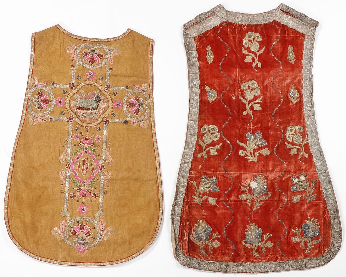 TWO SPECTACULAR BOULLION EMBROIDERED CHASUBLES: TWO SPECTACULAR BOULLION EMBROIDERED CHASUBLES C 1890. SHIPPING NOTICE: Except for large, oversized items, Jackson's is your sole and only source for one stop packing and shipping. With over 50 years