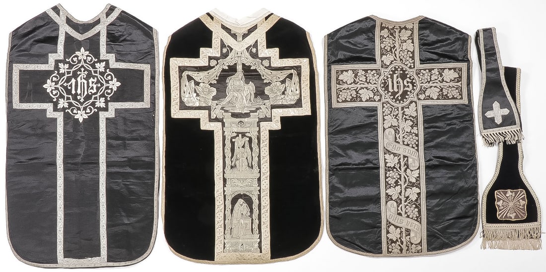 THREE SILK EMBROIDERED CHASUBLES: THREE SILK EMBROIDERED CHASUBLES. Comprising three silver embroidered black low mass chasubles, two with matching stoles. SHIPPING NOTICE: Except for large, oversized items, Jackson's is your sole and
