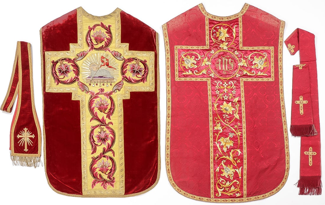 PAIR OF FINE EMBROIDERED PASSION CHASUBLES: PAIR OF FINE EMBROIDERED PASSION CHASUBLES. Both with matching stoles and maniples. One with padded embroidered Agnus Dei and with seed pearls and paste stones. Stunning!SHIPPING NOTICE:Except for l