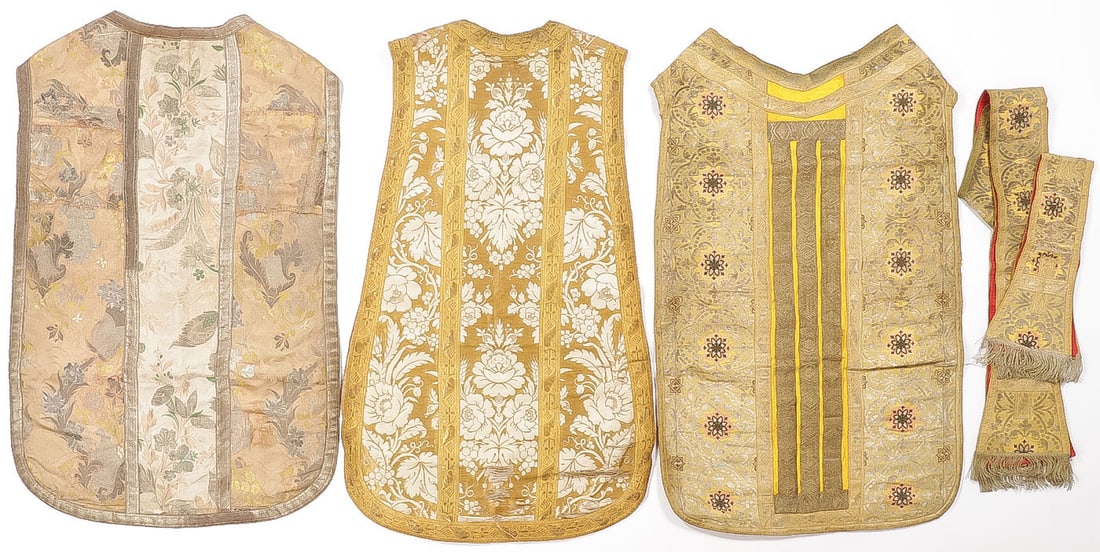 FOUR EMBROIDERED CHASUBLES C 1825 ? 1900: FOUR EMBROIDERED CHASUBLES C 1825 ? 1900. Bullion embroidered, one with matching stole and maniple. SHIPPING NOTICE: Except for large, oversized items, Jackson's is your sole and only source for one s