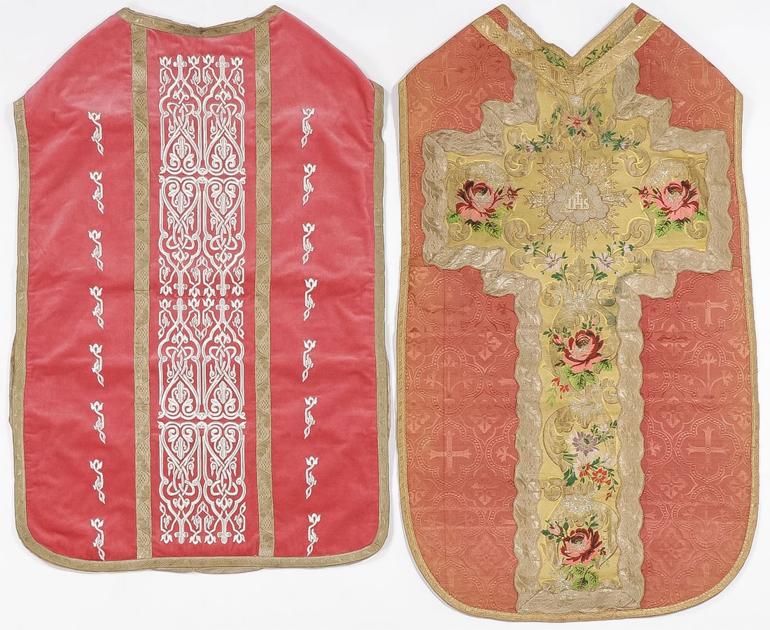 FOUR EMBROIDERED CHASUBLES 19TH C: FOUR EMBROIDERED CHASUBLES 19TH C. Each ornately embroidered with bouillon trim on velvet and silk foundations. SHIPPING NOTICE: Except for large, oversized items, Jackson's is your sole and only sour