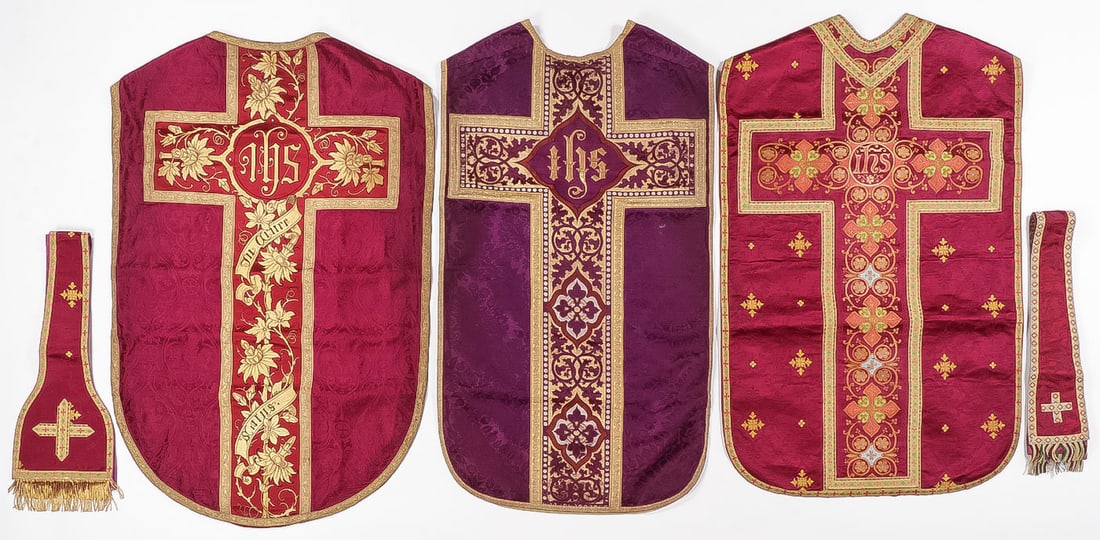 THREE EXQUISITE EMBROIDERED CHASUBLES: THREE EXQUISITE EMBROIDERED CHASUBLES. On purple damask, two with matching stoles. SHIPPING NOTICE: Except for large, oversized items, Jackson's is your sole and only source for one stop packing and s