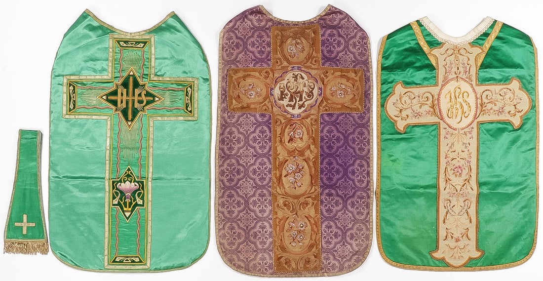 THREE EMBROIDERED CHASUBLES: THREE EMBROIDERED CHASUBLES. Two in green, one in purple, and one with stole as shown. SHIPPING NOTICE: Except for large, oversized items, Jackson's is your sole and only source for one stop packing a