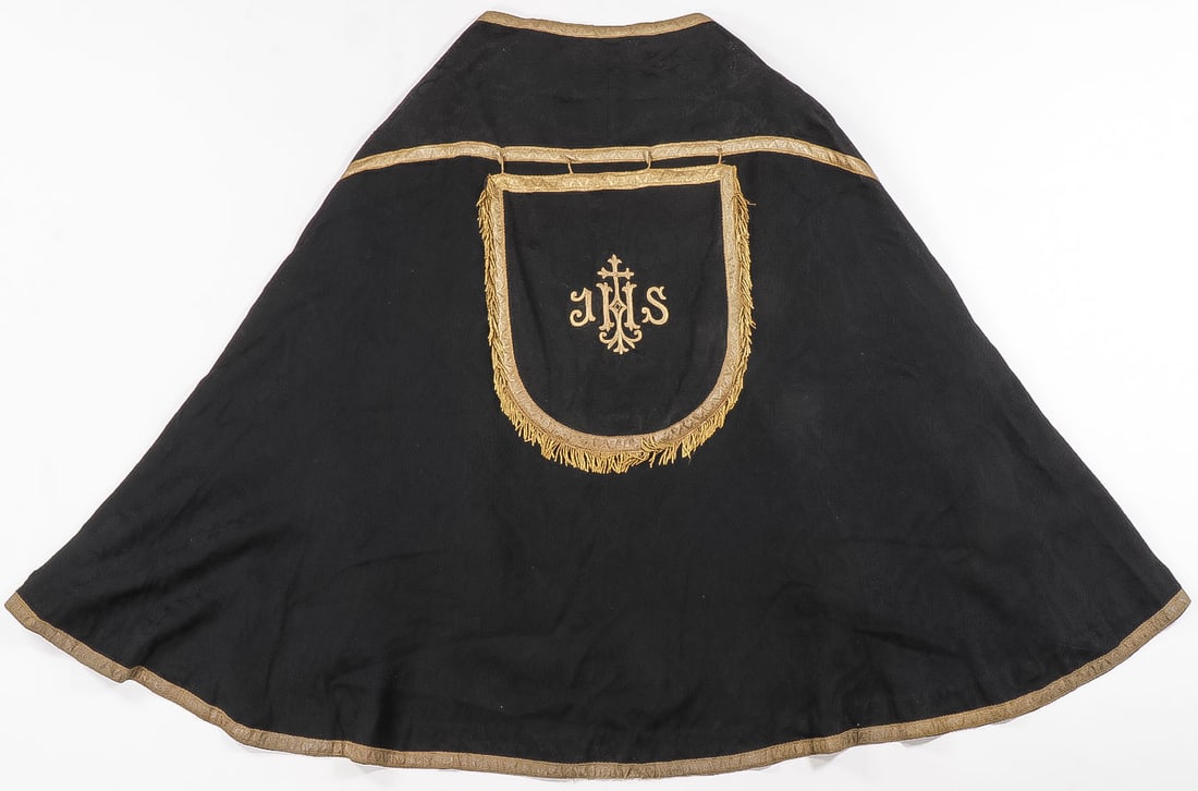 THREE EMBROIDERED CHASUBLES AND COPE: THREE EMBROIDERED CHASUBLES AND COPE. One with chalice cover and burse, and a requiem black and gilt embroidered cope.SHIPPING NOTICE:Except for large, oversized items, Jackson's is your sole and on