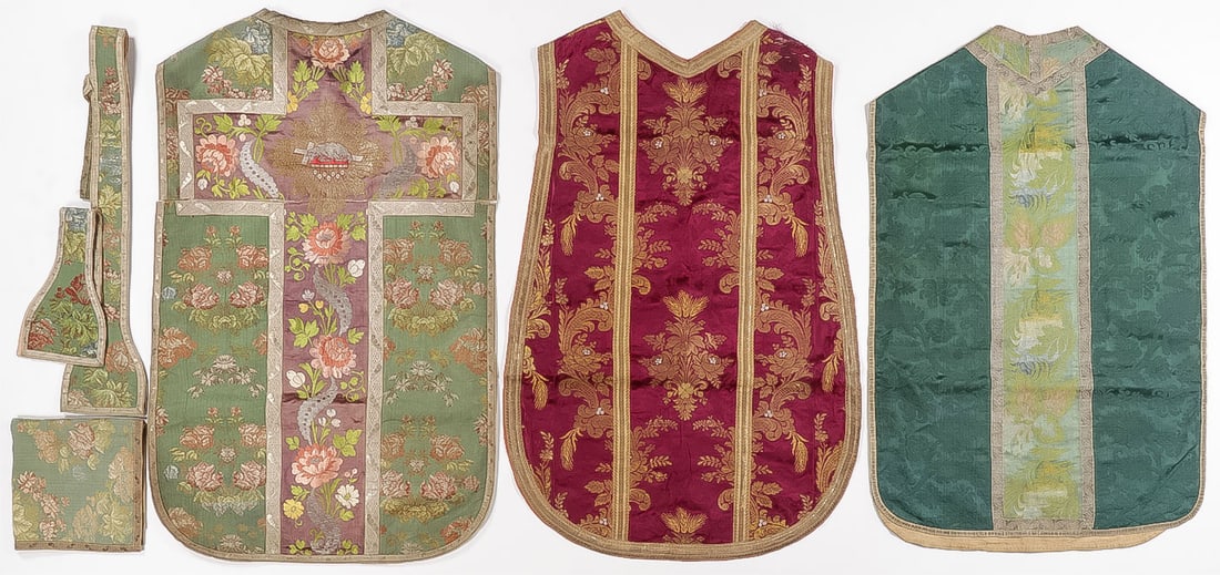 3 SILK EMBROIDERED CHASUBLES CIRCA 1850 ? 1900: THREE SILK EMBROIDERED CHASUBLES CIRCA 1850 ? 1900. One with matching stole, maniple, and chalice cover.SHIPPING NOTICE:Except for large, oversized items, Jackson's is your sole and only source for