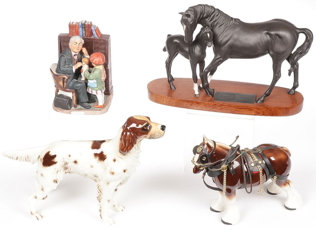 PORCELAIN FIGURINE GROUP: 418APORCELAIN FIGURINE GROUP. Comprising four individual pieces including a Dave Grossman limited edition bisque porcelain figure modeled on Norman Rockwell’s famous painting Doctor and the Doll, an