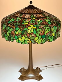 J.A. WHALEY LEADED GLASS TABLE LAMP, C. 1910