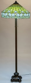 VINTAGE LEADED GLASS FLOOR LAMP ON HANDEL BASE