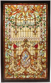 LARGE LEADED AND JEWLED GLASS WINDOW