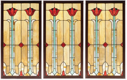 SET OF 3 ARTS-N-CRAFTS LEADED WINDOWS