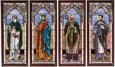 FOUR COMICAL STAINED & LEADED GLASS WINDOWS