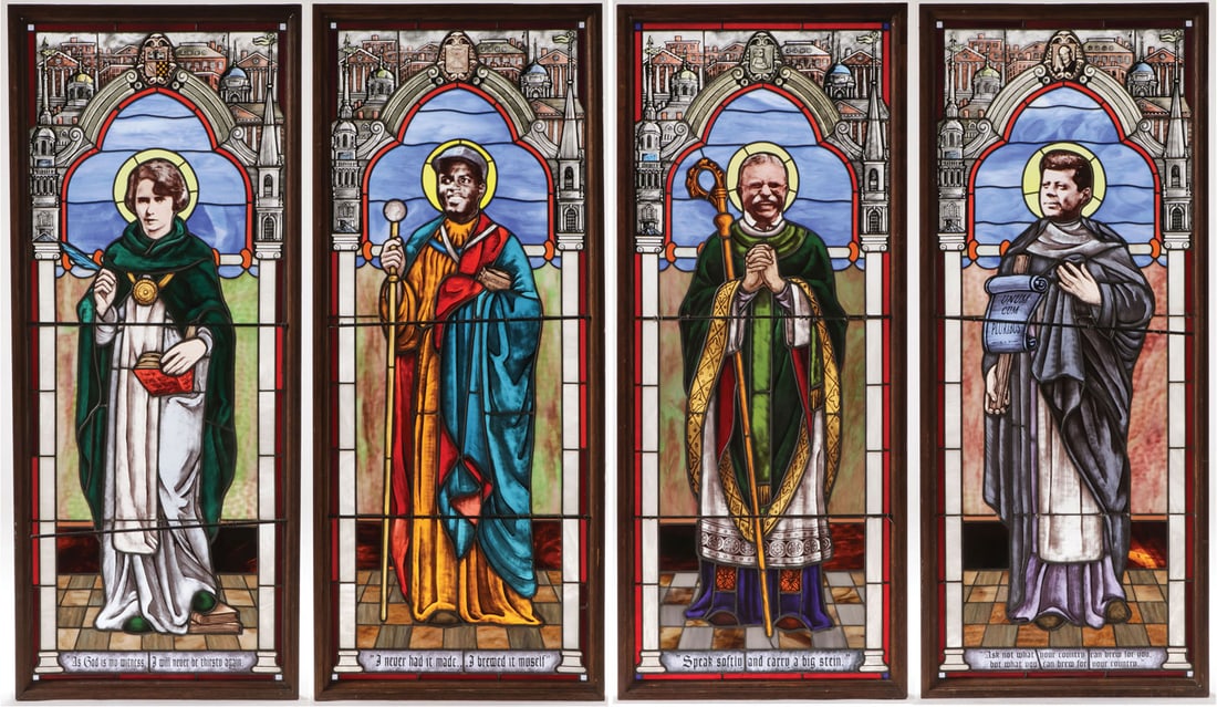 FOUR COMICAL STAINED & LEADED GLASS WINDOWS: FOUR COMICAL STAINED & LEADED GLASS WINDOWS, 20TH C. Each depicting the face of historic figures on saintly bodies, including Teddy Roosevelt, John Kennedy, Jackie Robinson, and Margaret Sanger. Each 