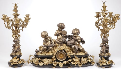 SPECTACULAR FRENCH GILT BRONZE CLOCK GARNITURE
