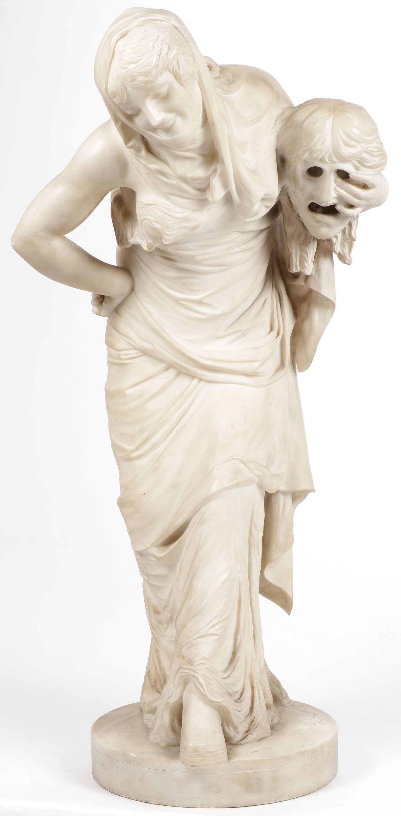 GREAT FRENCH ARTIST SIGNED MARBLE SCULPTURE: EDME ANTONY PAUL NOEL (French 1856-1901) Comedie Carved marble Signed on base 31.75 inches (80.5 cm) SHIPPING NOTICE: Except for large, oversized items, Jackson's is your