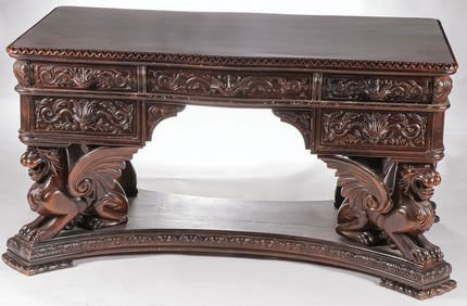 IMPRESSIVE CARVED MAHOGANY PARTNERS DESK