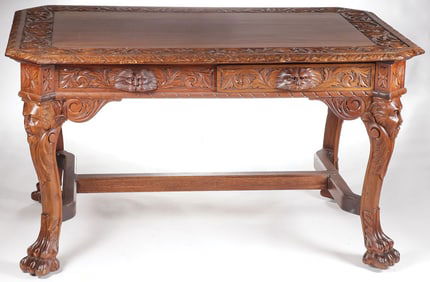 HEAVILY CARVED WALNUT PARTNER'S DESK