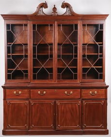 A GEORGIAN MAHOGANY BREAKFRONT SECRETARY, 18TH C