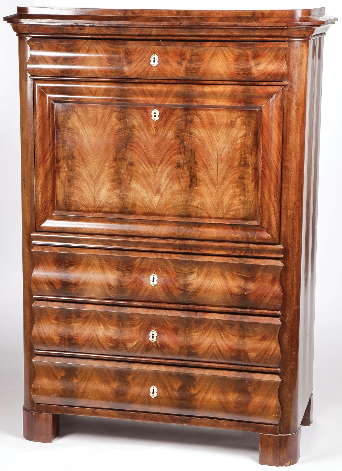 GERMAN BIEDERMEIER SECRETAIRE ABATTANT, C.1830: GERMAN BIEDERMEIER SECRETAIRE ABATTANT, C.1830. Comprising a very fine German crotch mahogany Biedermeier secretaire abattant. The central fold down writing surface opening to reveal five side doors f