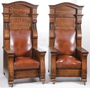 PAIR IMPRESSIVE OAK HALL CHAIRS, C. 1900