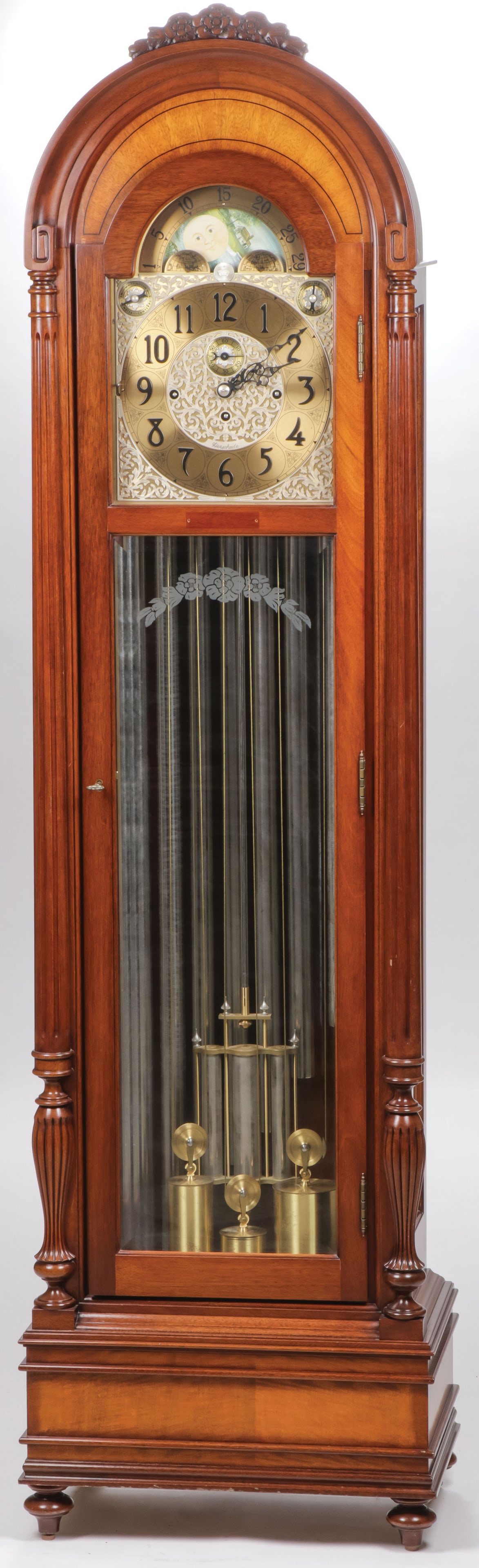 A FINE HERSCHEDE GRANDFATHER CLOCK: A FINE HERSCHEDE GRANDFATHER CLOCK. With nine tube chimes and moon phase dial. Height 79 inches, Width 21.75 inches, Depth 13.25 inches. In excellent condition. LOCAL PICKUP OR THIRD-PARTY SHIPPER ONL