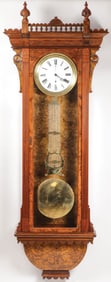 LARGE WALNUT & BURL MAPLE REGULATOR CLOCK