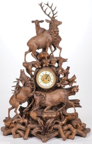 MONUMENTAL BLACK FOREST CARVED MANTEL CLOCK