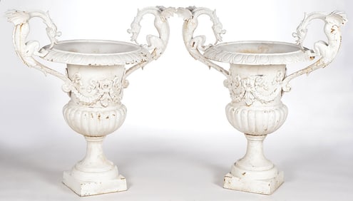 PAIR CAST IRON GARDEN URNS