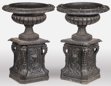 PAIR CAST IRON GARDEN URNS ON STANDS