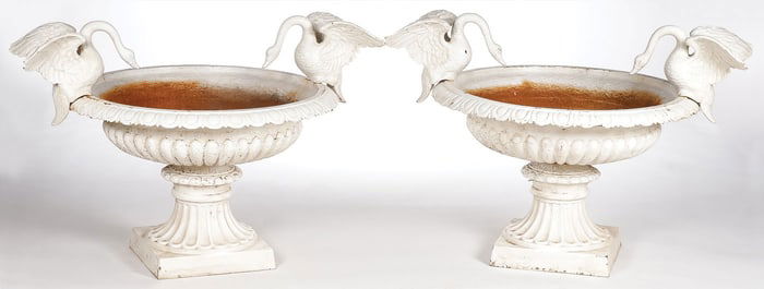 PAIR CAST IRON SWAN GARDEN URNS