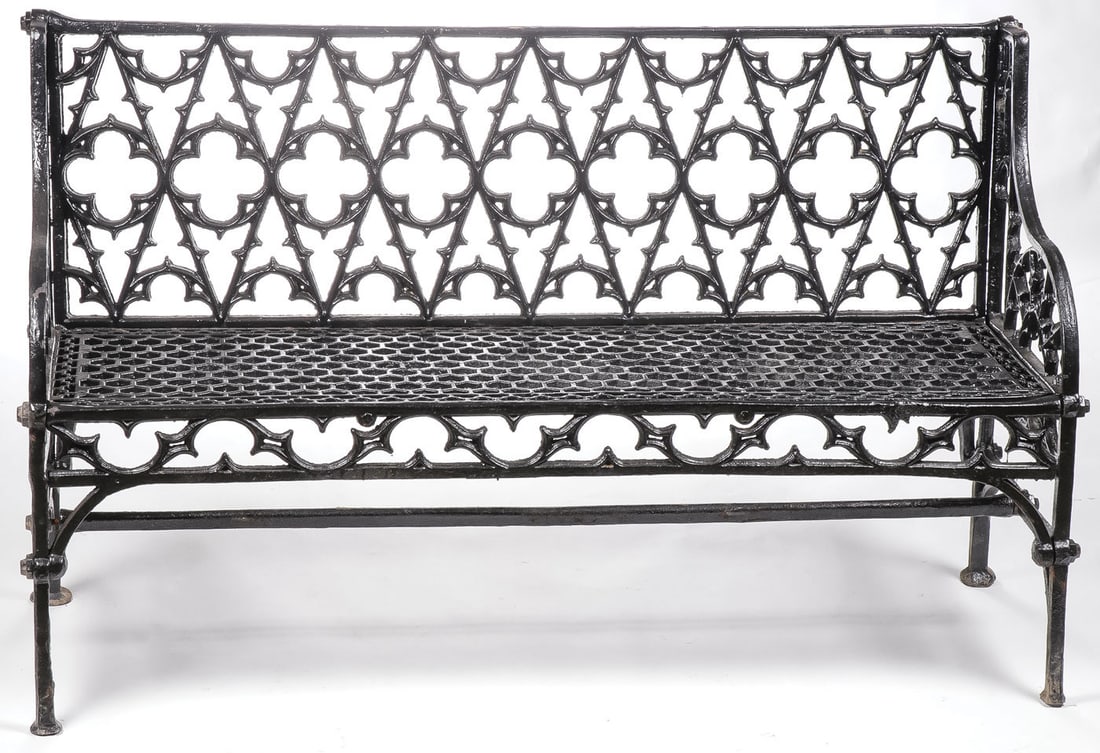 CAST IRON GOTHIC GARDEN BENCH: CAST IRON GOTHIC GARDEN BENCH. Height 34 inches, depth 19.5 inches, width 55 inches. LOCAL PICKUP OR THIRD-PARTY SHIPPER ONLY.SHIPPING NOTICE:Except for large, oversized items, Jackson's is your sol