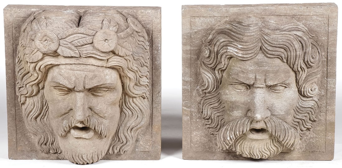 PAIR CARVED STONED ARCHITECTUAL FACES: PAIR CARVED STONED ARCHITECTUAL FACES. Comprising two carved stone blocks. Each carved with half round bearded man and each measuring approximately 15.75 by 15.75 square. LOCAL PICKUP OR THIRD-PARTY S