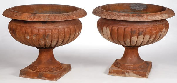 PAIR LARGE CAST IRON GARDEN URNS