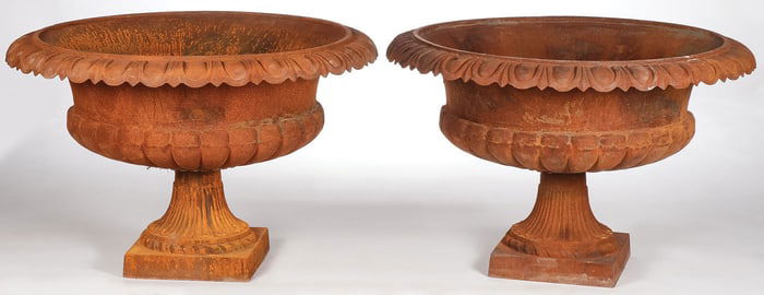 PAIR CAST IRON GARDEN URNS