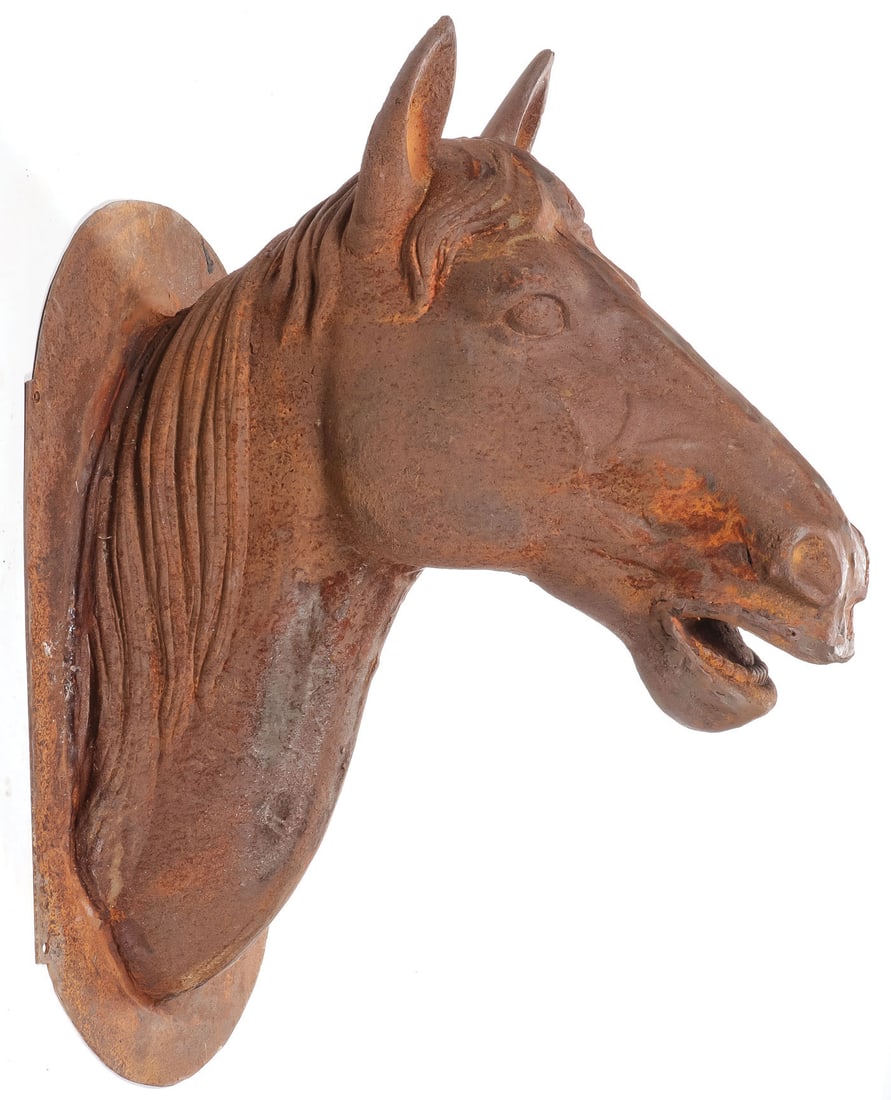 CAST IRON HORSE HEAD PLAQUE: CAST IRON HORSE HEAD PLAQUE. Realistically modeled of good anatomy and proportions on oval plaque with suspension holes. Height 29 inches. Unillustrated. LOCAL PICKUP OR THIRD-PARTY SHIPPER ONLY. SHIP