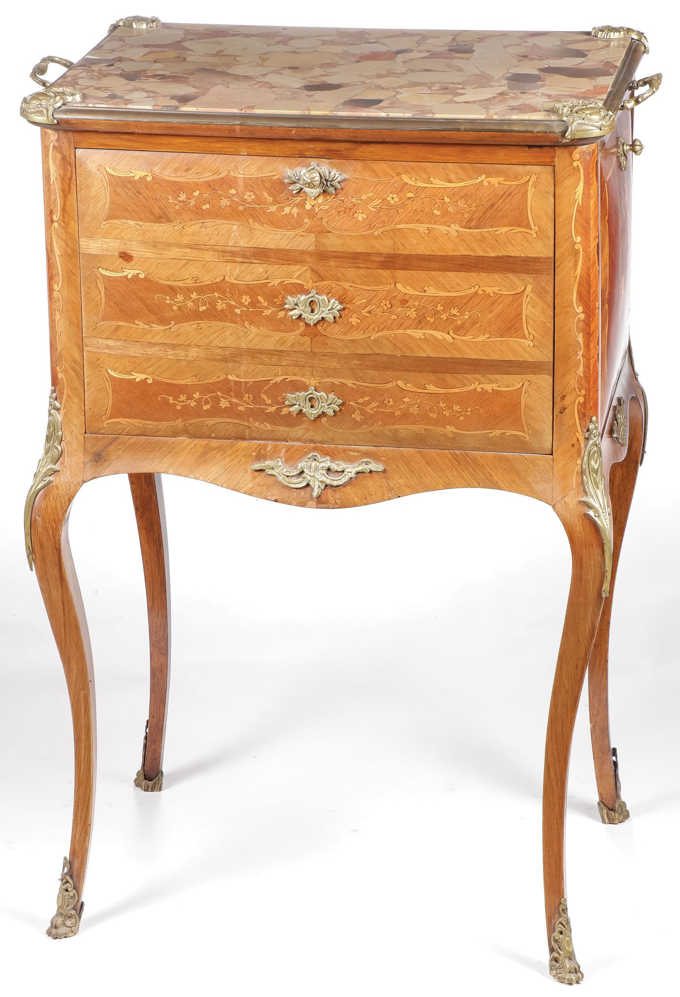 LOUIS XVI STYLE DROP-FRONT LIQUEUR CABINET: LOUIS XVI STYLE DROP-FRONT LIQUEUR CABINET, C. 1900. On cabriole legs terminating on ormolu feet and overall inlaid with flowers and further ormolu decoration. Each side with dropdown mirrored doors a