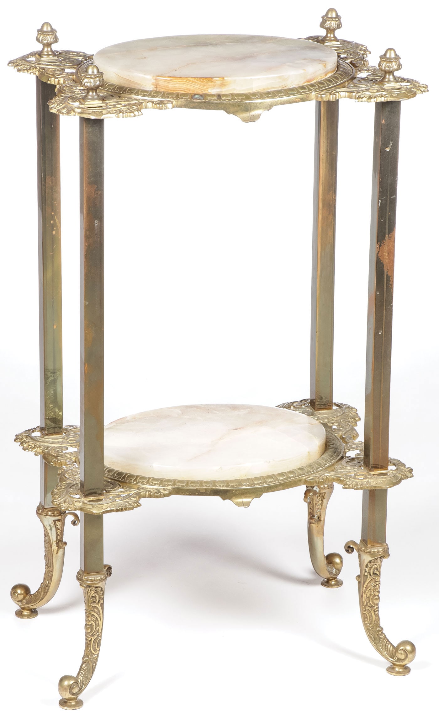 GILT BRONZE & ONYX DOUBLE TIERED STAND: GILT BRONZE & ONYX DOUBLE TIERED STAND. Height 32.5 inches, width 19 inches, depth 12.5 inches. SHIPPING NOTICE: Except for large, oversized items, Jackson's is your sole and only source for one stop