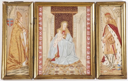A HAND PAINTED TRIPTYCH OF VIRGIN & SAINTS