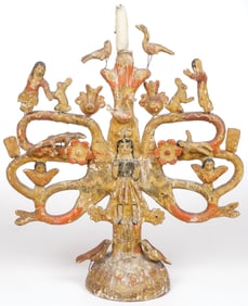 VINTAGE MEXICAN TREE OF LIFE CERAMIC CANDLE STAND